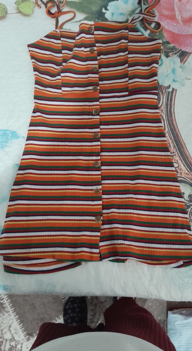 Çizgili Düğmeli mini boy Kadın Elbise - Görsel 4