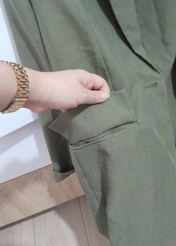 Haki Kadın Keten Blazer Ceket - Görsel 4