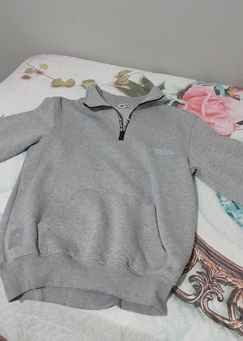 Adidas gri kalın sweatshirt. Yarım Yaka zincirli kanguru cepli - Görsel 3