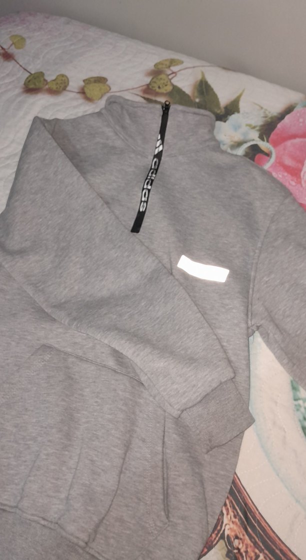 Adidas gri kalın sweatshirt. Yarım Yaka zincirli kanguru cepli - Görsel 4