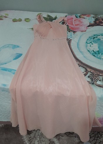 Pudra Renkli Pilili Uzun Abiye Elbise - Görsel 2