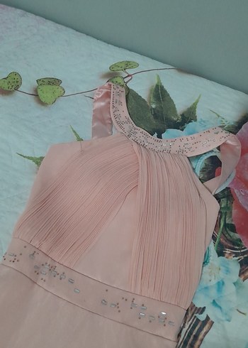 Pudra Renkli Pilili Uzun Abiye Elbise - Görsel 3