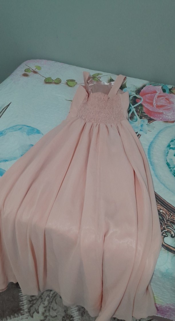 Pudra Renkli Pilili Uzun Abiye Elbise - Görsel 4