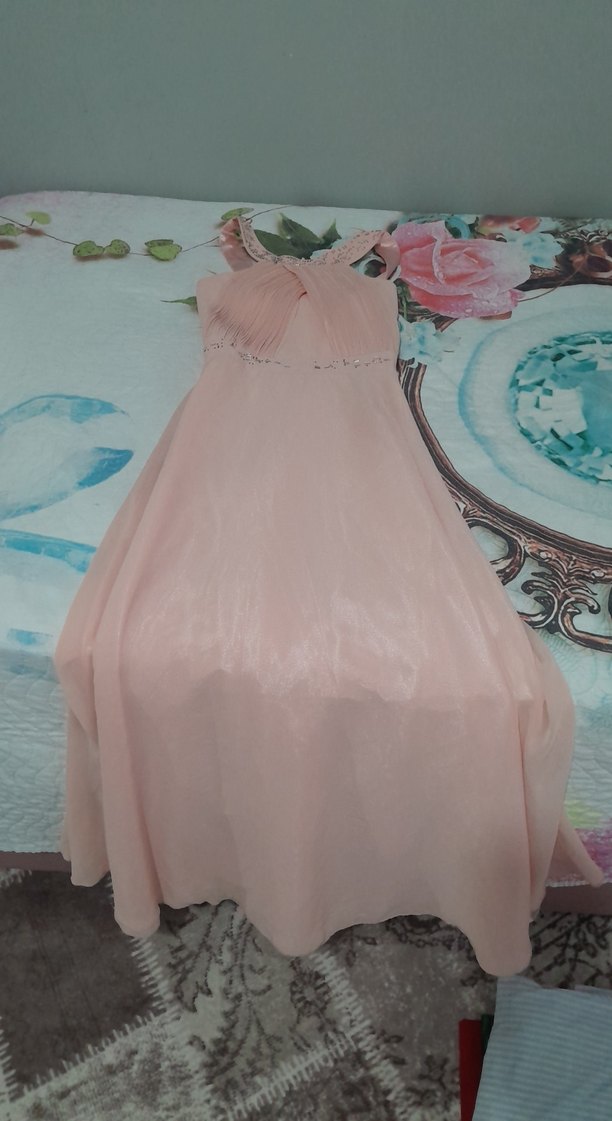 Pudra Renkli Pilili Uzun Abiye Elbise - Görsel 2