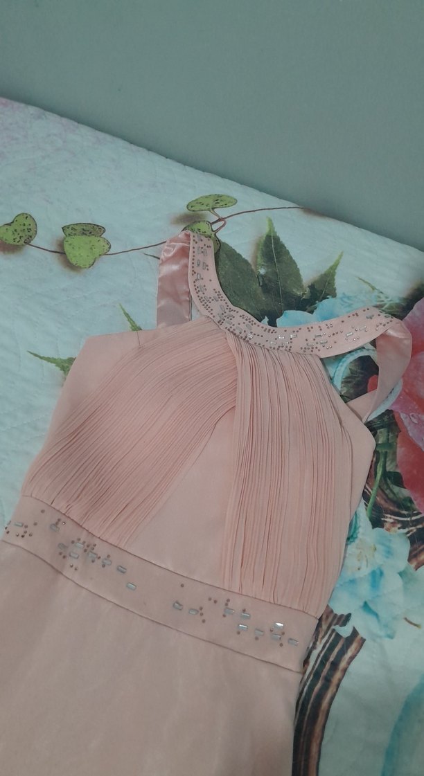 Pudra Renkli Pilili Uzun Abiye Elbise - Görsel 3