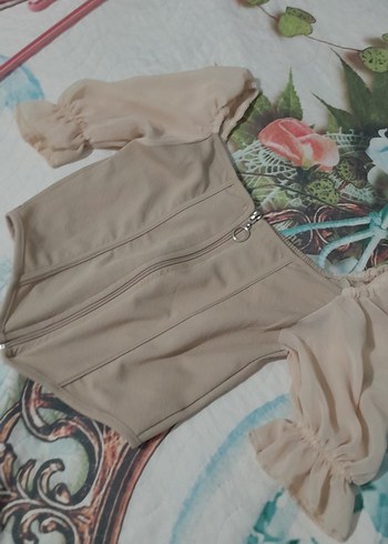 Bej Mini Straplez Bluz Fermuarlı - Görsel 5