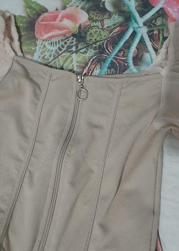 Bej Mini Straplez Bluz Fermuarlı - Görsel 4