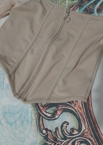 Bej Mini Straplez Bluz Fermuarlı - Görsel 3