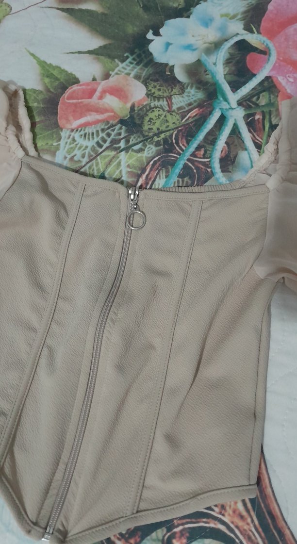 Bej Mini Straplez Bluz Fermuarlı - Görsel 4