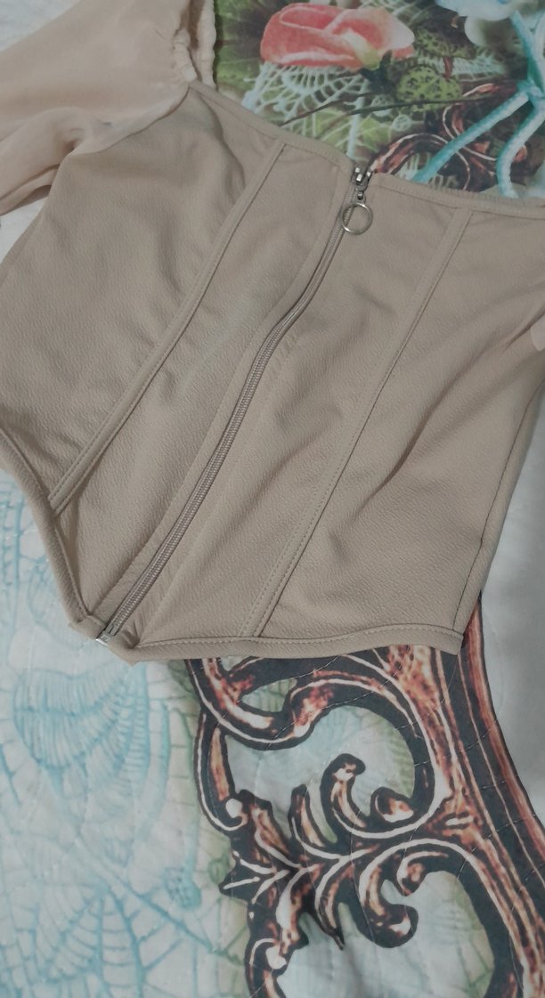 Bej Mini Straplez Bluz Fermuarlı - Görsel 3