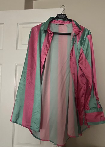 Pembe Yeşil İpek Görünümlü Salaş Gömlek - Görsel 2