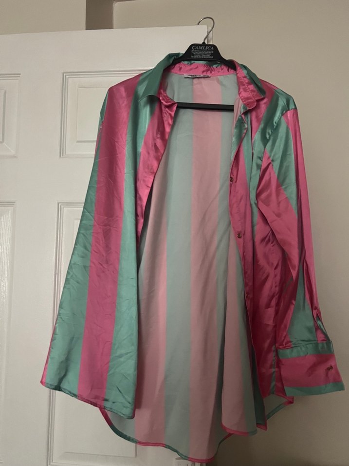 Pembe Yeşil İpek Görünümlü Salaş Gömlek - Görsel 2