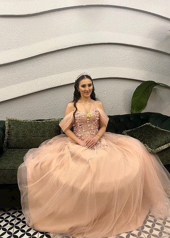 38 Beden pembe Renk Pudra Pembe Straplez Uzun nişan elbisesi