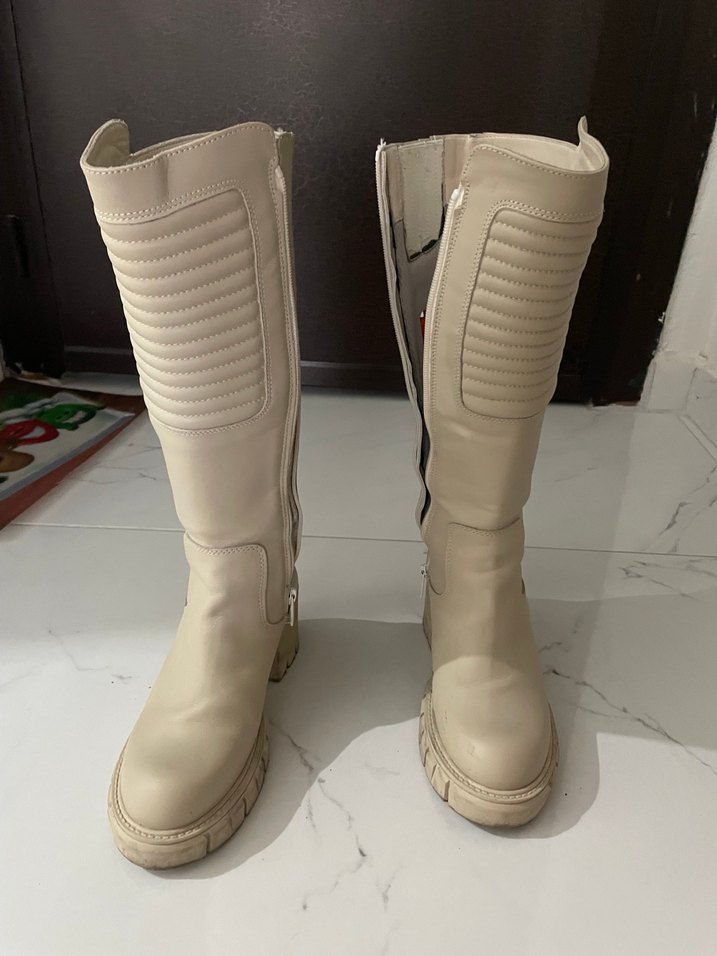 Harley Kadın Beyaz Deri Dizüstü Botlar - Görsel 3