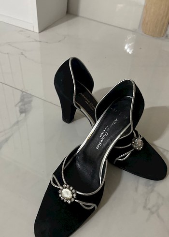 Tokalı deri nubuk  Siyah Stiletto Kadın Abiye Ayakkabı - Görsel 3