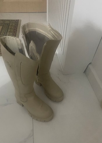 Bej Kadın Dizüstü Deri harley Topuklu Çizme - Görsel 2