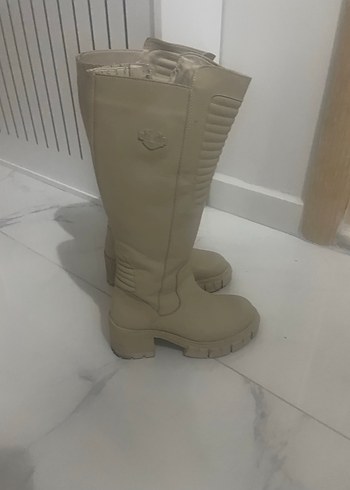 Bej Kadın Dizüstü Deri harley Topuklu Çizme - Görsel 5