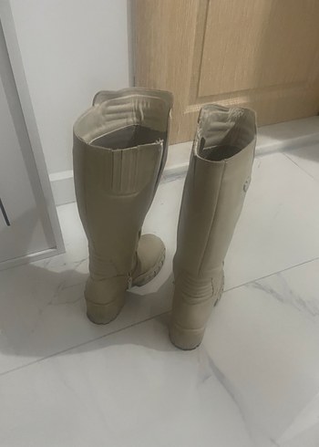 Bej Kadın Dizüstü Deri harley Topuklu Çizme - Görsel 7