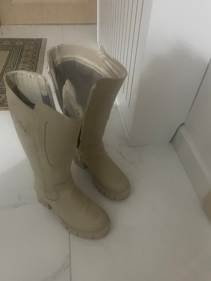 Bej Kadın Dizüstü Deri harley Topuklu Çizme - Görsel 2