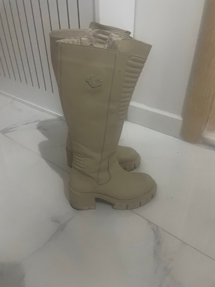 Bej Kadın Dizüstü Deri harley Topuklu Çizme - Görsel 5