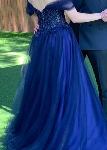 Lacivert Drapeli Uzun V Yaka Strappy Abiye - Görsel 3