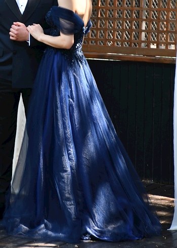 Lacivert Drapeli Uzun V Yaka Strappy Abiye - Görsel 5