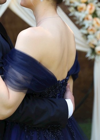 Lacivert Drapeli Uzun V Yaka Strappy Abiye - Görsel 6