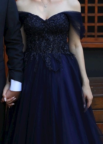 Lacivert Drapeli Uzun V Yaka Strappy Abiye - Görsel 2