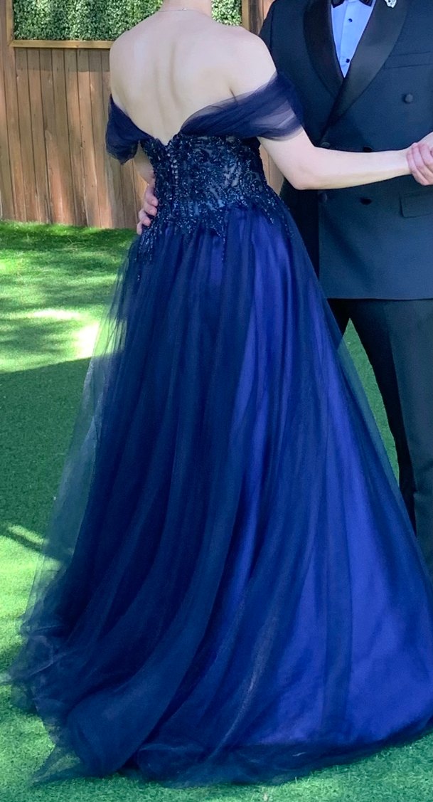 Lacivert Drapeli Uzun V Yaka Strappy Abiye - Görsel 3