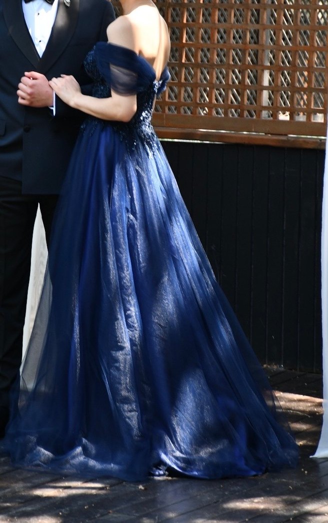 Lacivert Drapeli Uzun V Yaka Strappy Abiye - Görsel 5