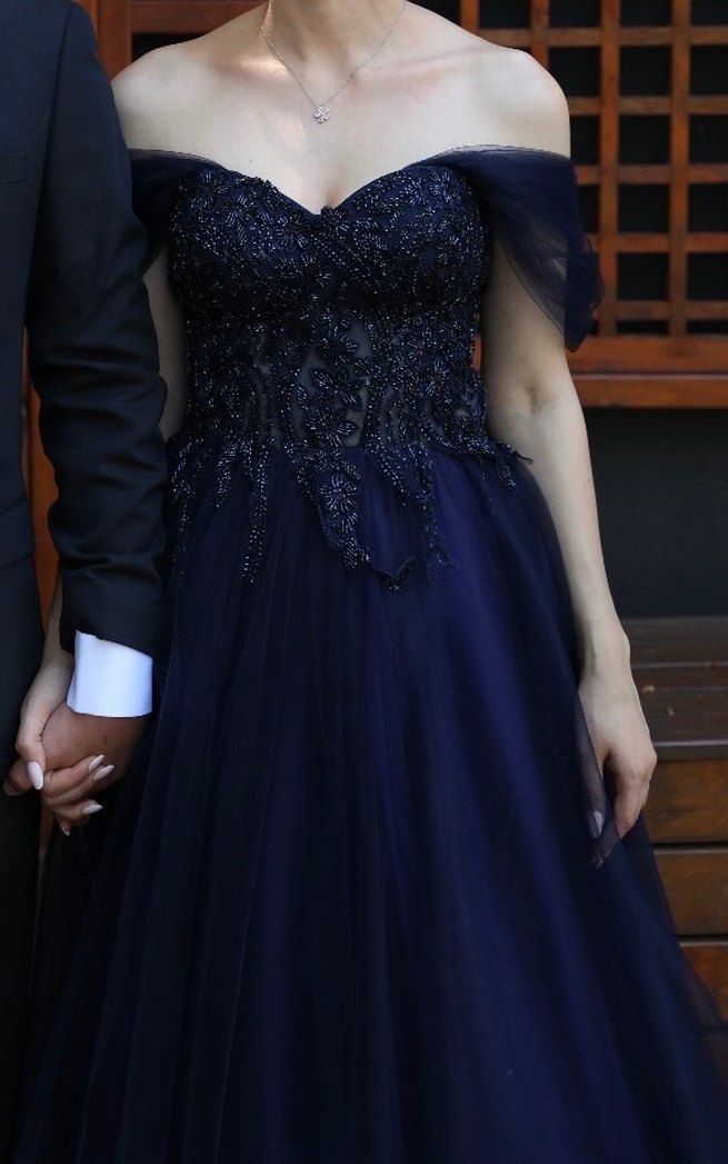 Lacivert Drapeli Uzun V Yaka Strappy Abiye - Görsel 2