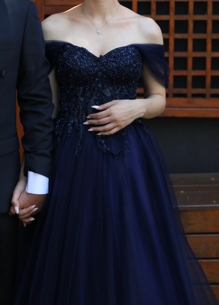 Lacivert Drapeli Uzun V Yaka Strappy Abiye - Görsel 4