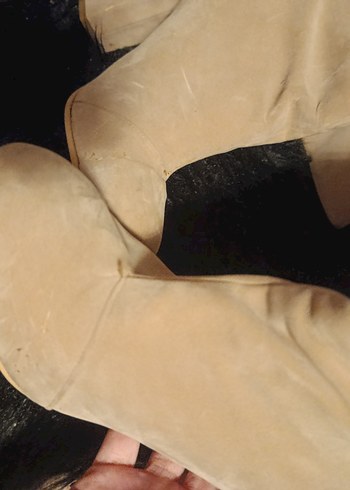 Bej Süet Kadın Dizüstü Çizme Kürklü Topuklu - Görsel 3