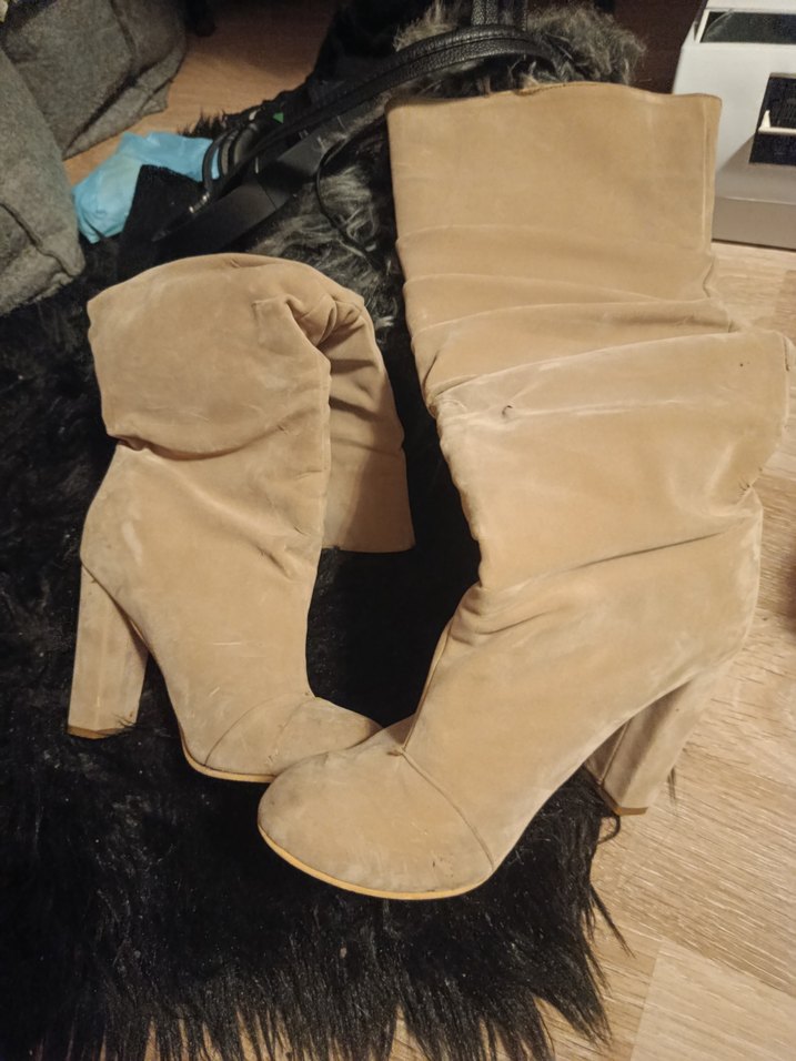 Bej Süet Kadın Dizüstü Çizme Kürklü Topuklu - Görsel 2