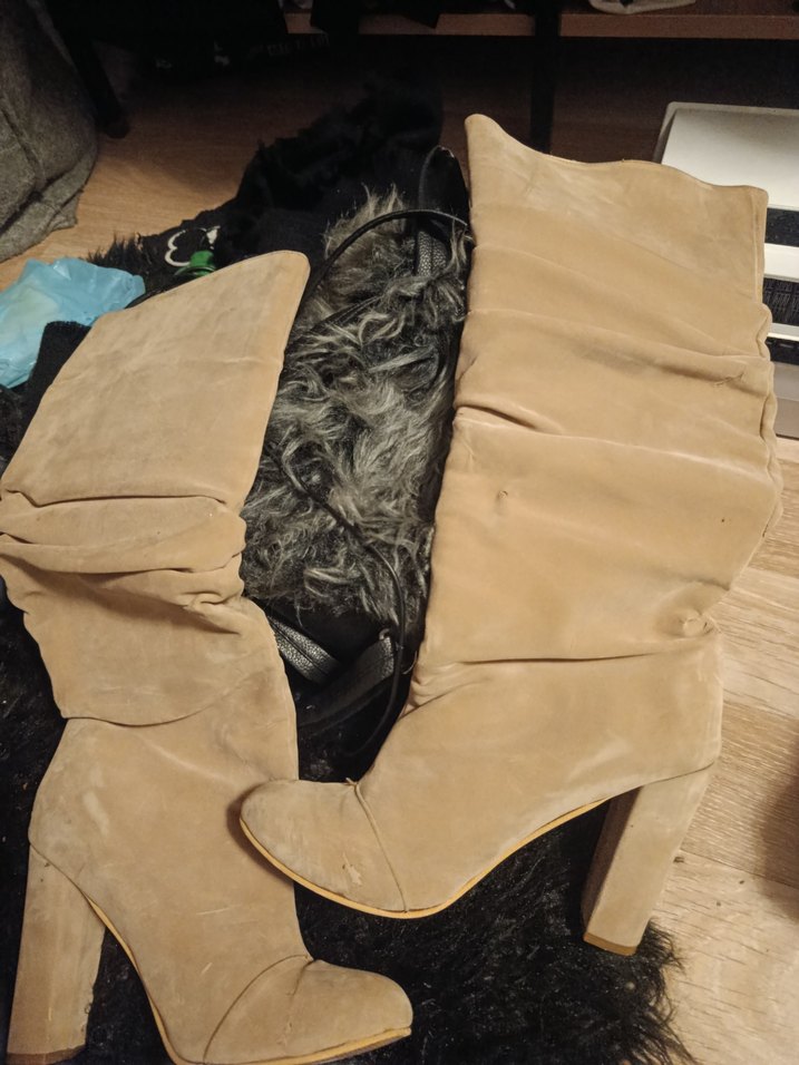 Bej Süet Kadın Dizüstü Çizme Kürklü Topuklu - Görsel 4