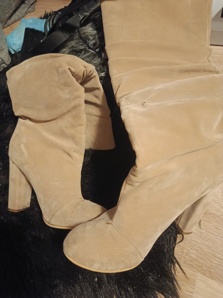 Bej Süet Kadın Dizüstü Çizme Kürklü Topuklu - Görsel 5