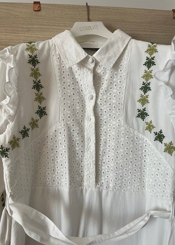 Nakış Detaylı Beyaz Uzun Keten Elbise - Görsel 2