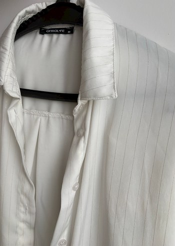 Düğmeli Beyaz Uzun Kollu Keten Gömlek - Görsel 2