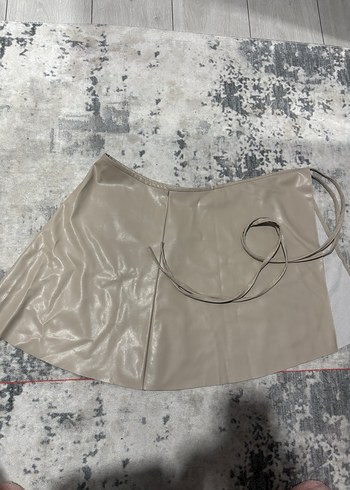 Bej Deri Midi Kemerli Kadın Etek - Görsel 3