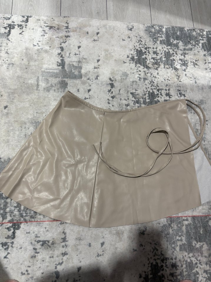 Bej Deri Midi Kemerli Kadın Etek - Görsel 4