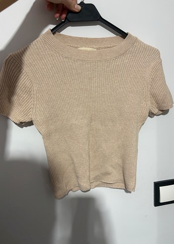 Bej Kısa Kollu Fitilli Kadın Triko - Görsel 2