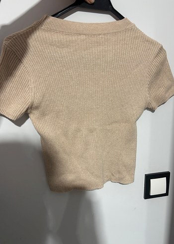 Bej Kısa Kollu Fitilli Kadın Triko - Görsel 3