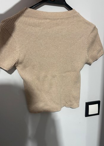 Bej Kısa Kollu Fitilli Kadın Triko - Görsel 4