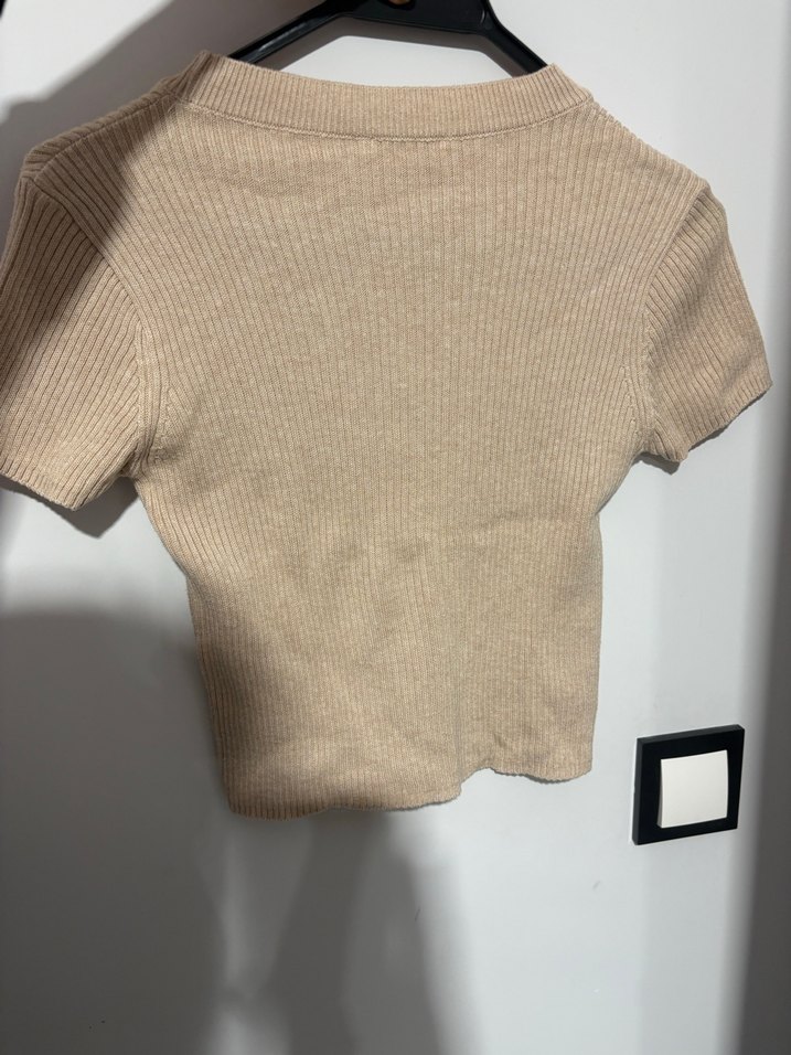 Bej Kısa Kollu Fitilli Kadın Triko - Görsel 4