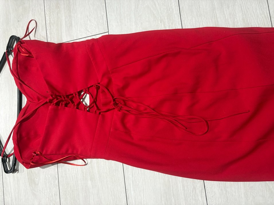 Kırmızı V Yaka Mini Kalem Elbise - Görsel 3