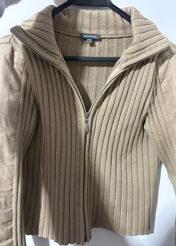 Bej Kadın Süet Triko Yarım Fermuarlı Hırka - Görsel 4