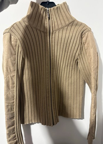 Bej Kadın Süet Triko Yarım Fermuarlı Hırka - Görsel 2