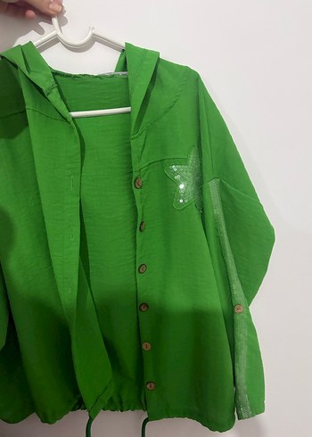 Düğmeli Yeşil Kadın Keten Gömlek - Görsel 3