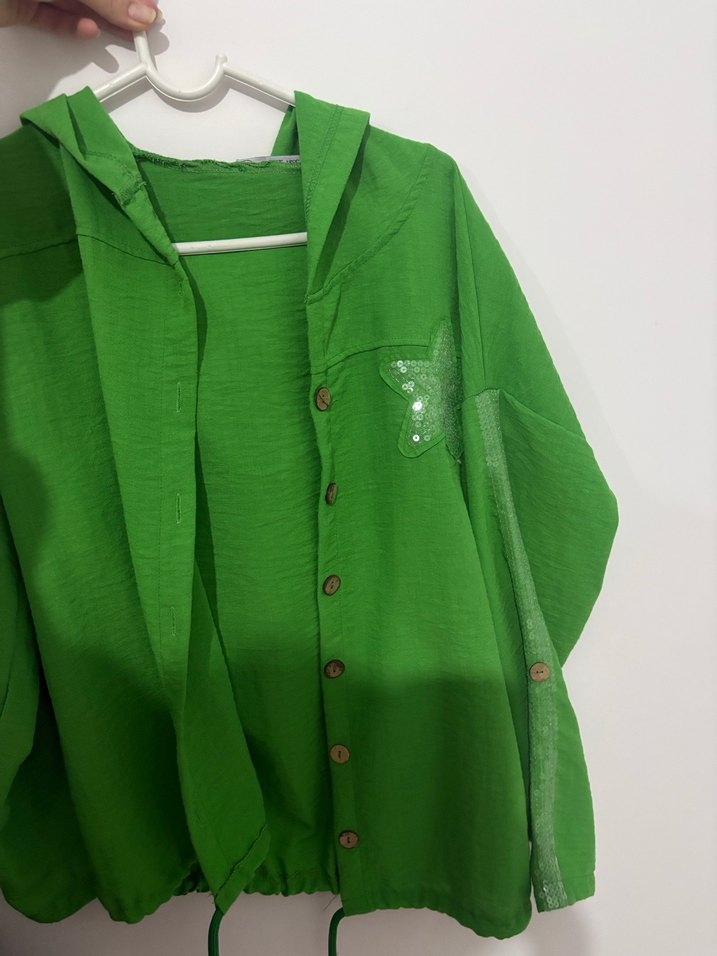 Düğmeli Yeşil Kadın Keten Gömlek - Görsel 2