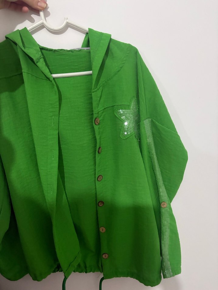 Düğmeli Yeşil Kadın Keten Gömlek - Görsel 3